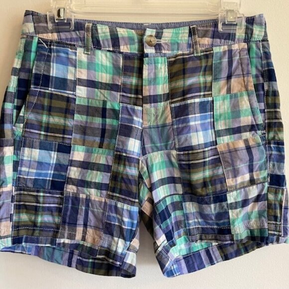 L L BEAN Favorite Fit Blue Purple Madras Patchwork Plaid Shorts 4 - Picture 2 of 15
